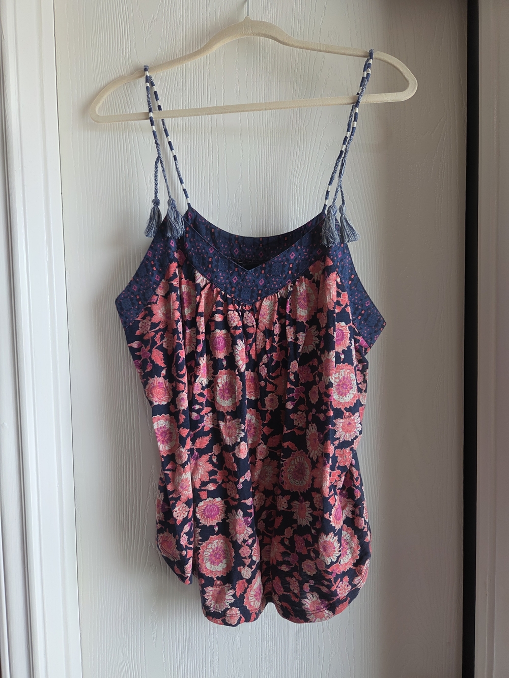 Lucky Brand Navy Camisole with Pink Floral Print and Braided Tassel Straps